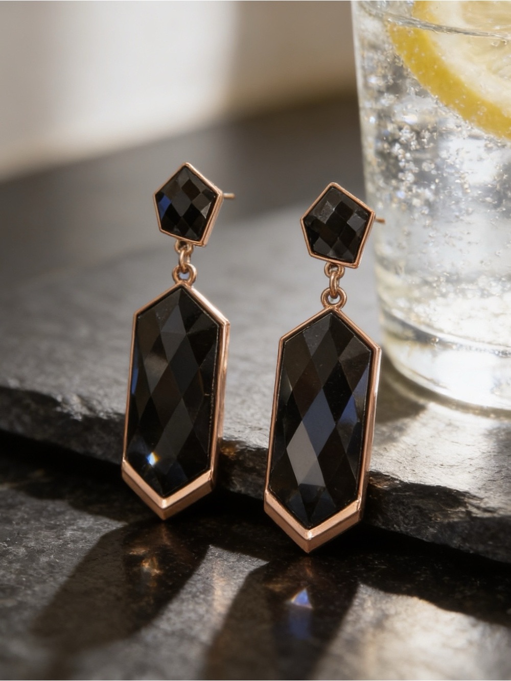 Luxury Geometric Black Faceted Drop Earrings in Gold-Tone Setting